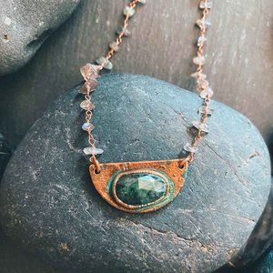 Faceted Emerald Antiqued Half Moon Necklace